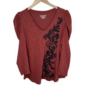 Chicos Clay Red V-Neck Puff Long Sleeve Cotton Blend Top Size 1 (Medium)